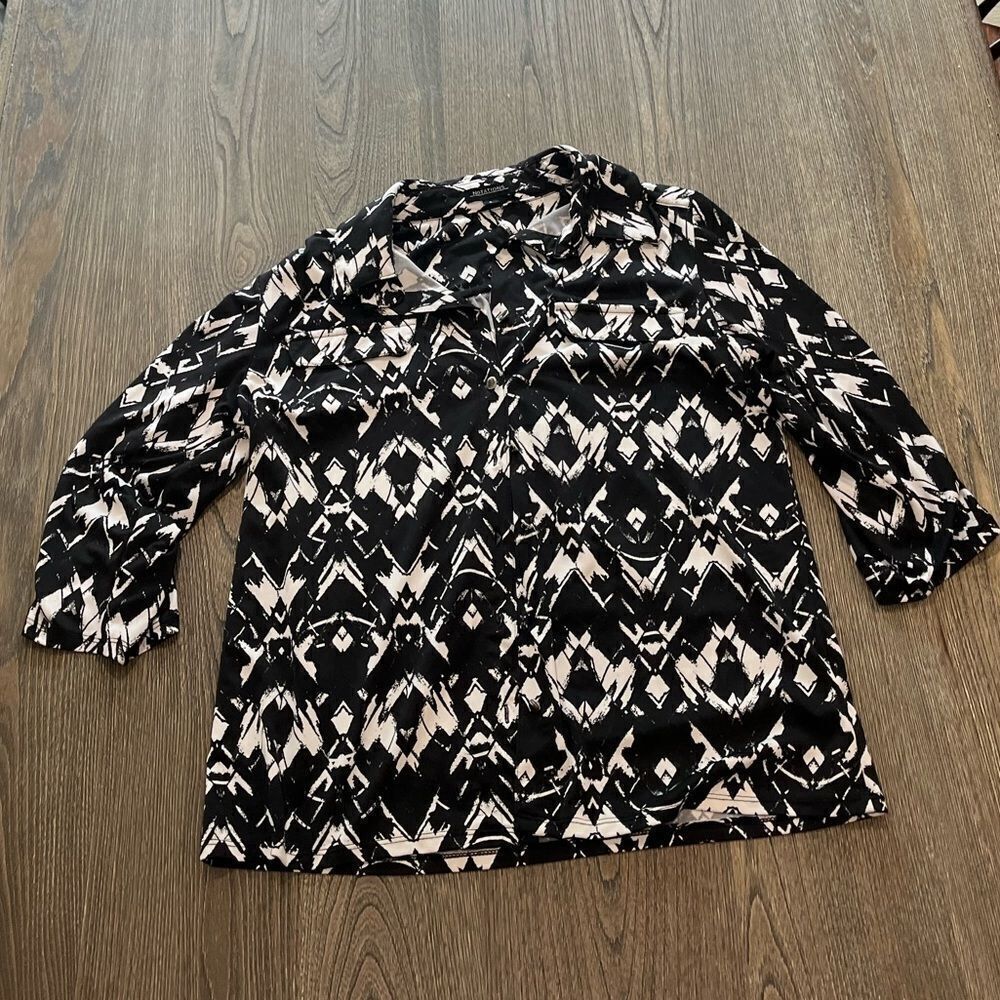 Notations Black White Aztec Print Button Up Blouse Size S